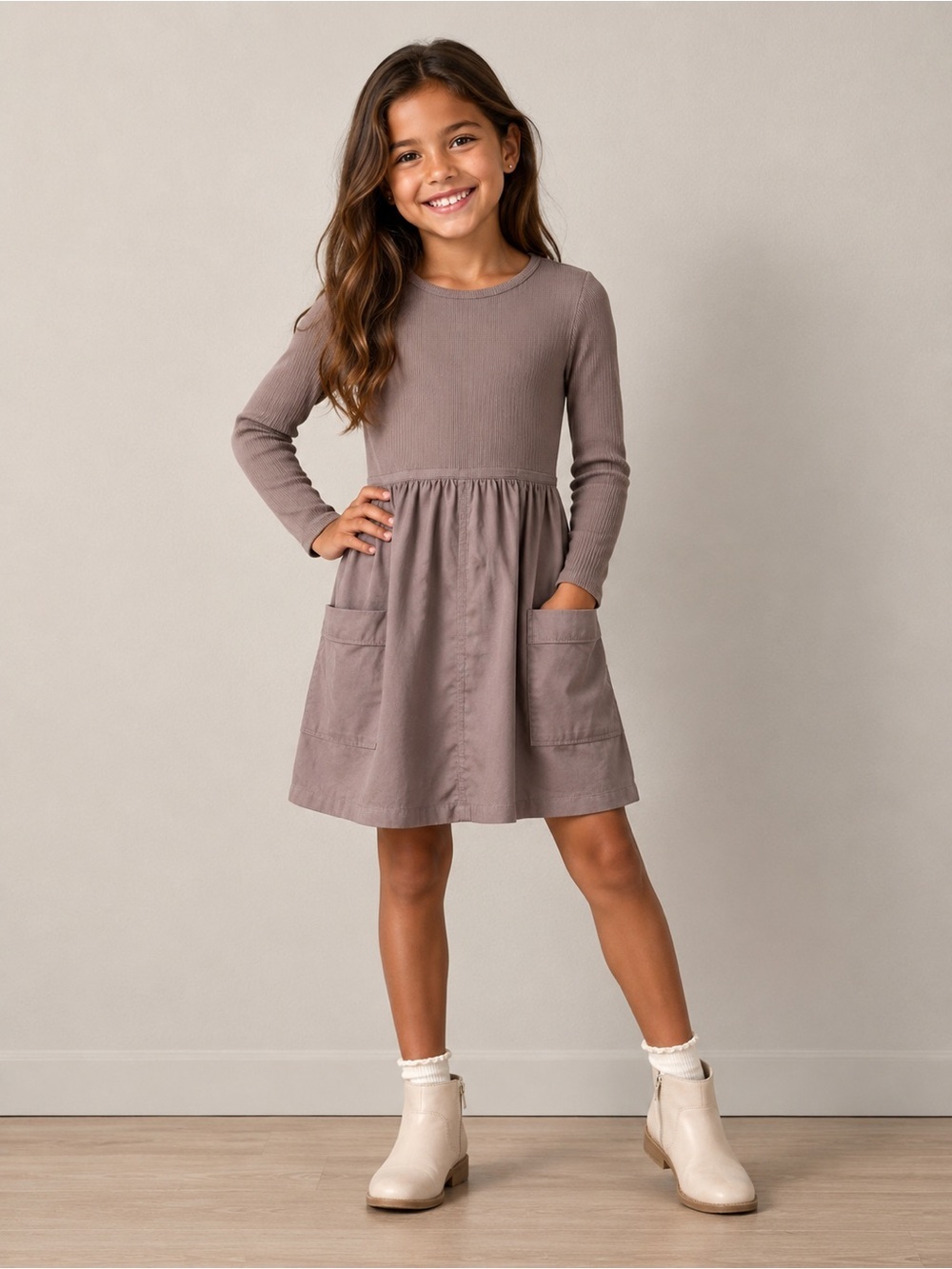 Zara Girls Taupe Mixed Media Dress Size 8 1165/744